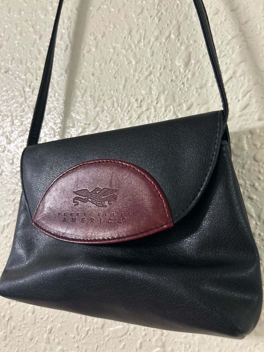 Vintage Perry Ellis America Black Leather Crossbody Bag with Mirror